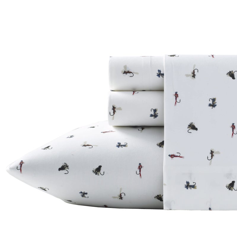 Eddie Bauer - Twin XL Sheet Set, Cotton Percale Bed Sheets, Crisp & Cool, Ideal Dorm Essentials (Fishing Flies White, Twin XL) - Image 1